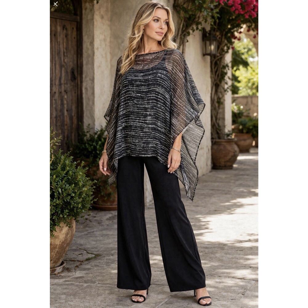 Eileen Fisher Womens OS Black White Abstract Sheer Silk Poncho Lightweight